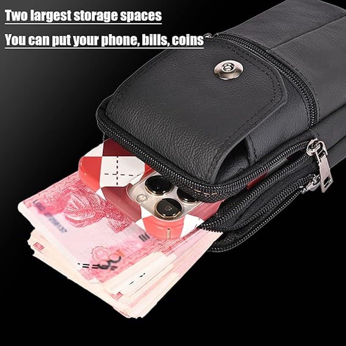 Belt Bag with Shoulder Strap Leather Men's Belt Pouch Neck Bag Cell Phone Pouch 19x10x4cm