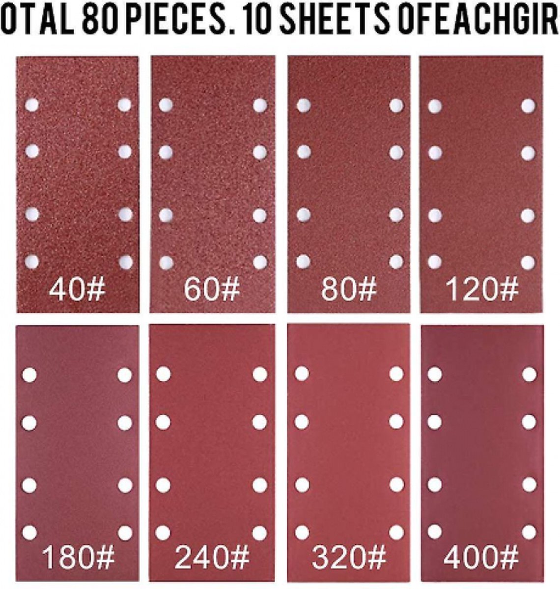 80 pieces - Sanding sheets - Sandpaper set - 40/60/80/120/180/240/320/400 grit - rectangular flocked sandpaper - 8 holes - red - 185*93mm