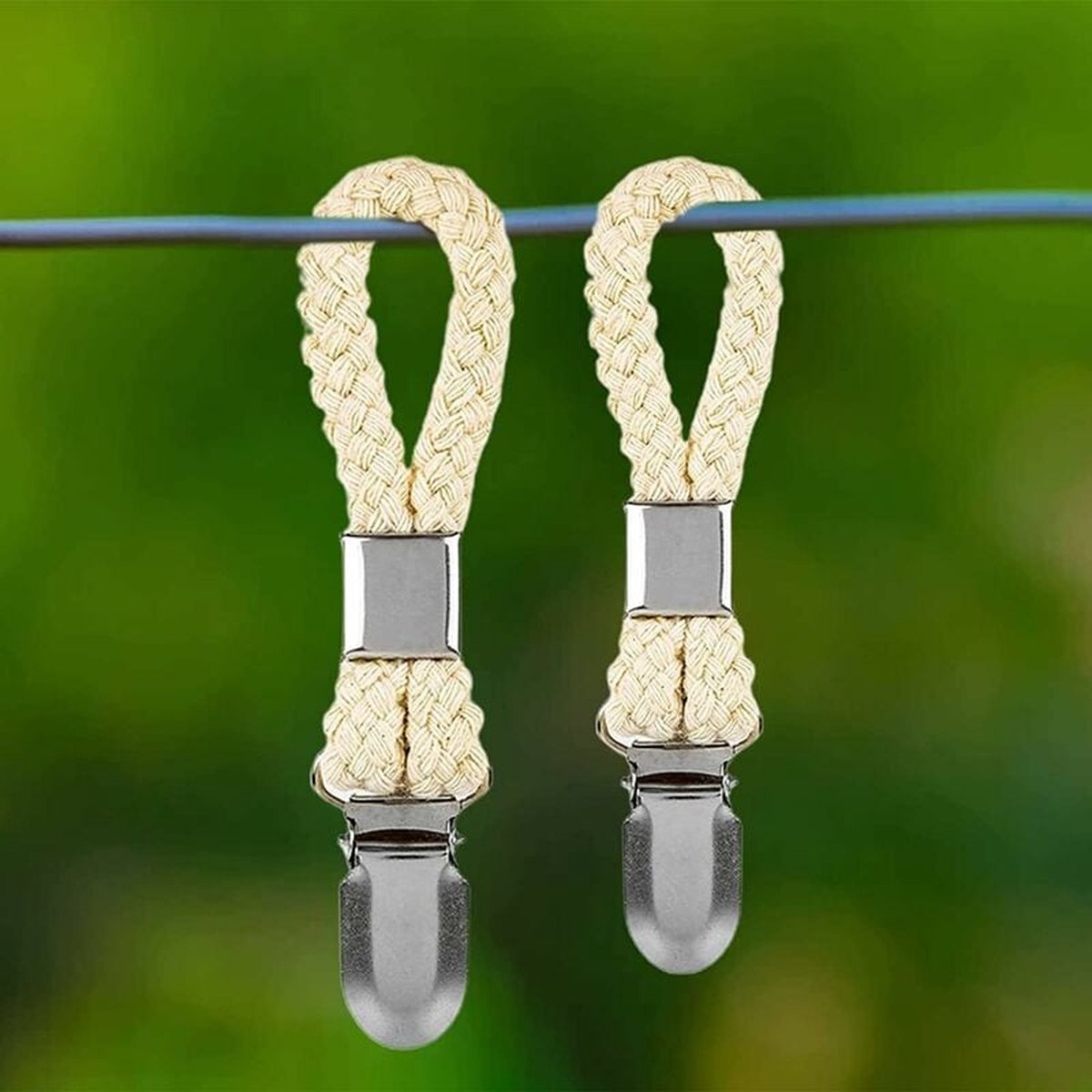 Towel hooks - 10 pieces - Tea towel hooks - Towel clips - Iron and cotton rope - beige and silver - 2.3x11.5cm - for hanging tea towels, beach towels, bath towels