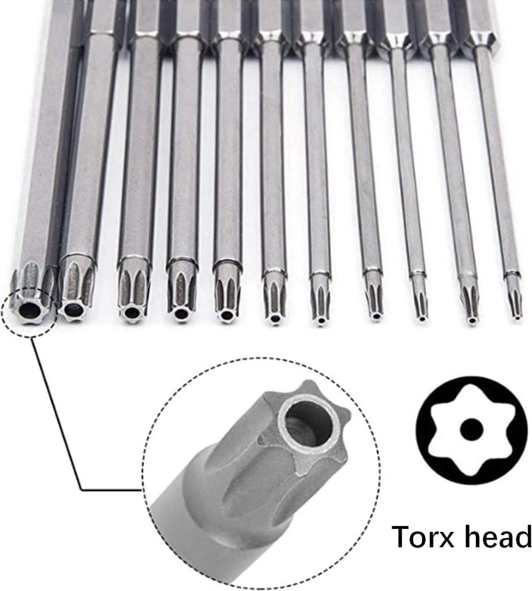 11 pieces - Screwdriver bits - Screwdriver bit set - Long Torx screwdriver set - Hollow Torx bit set - S2 steel - with security head - hexagon shaft - 100mm - T6 T7 T8 T9 T10 T15 T20 T25 T27 T30 T40
