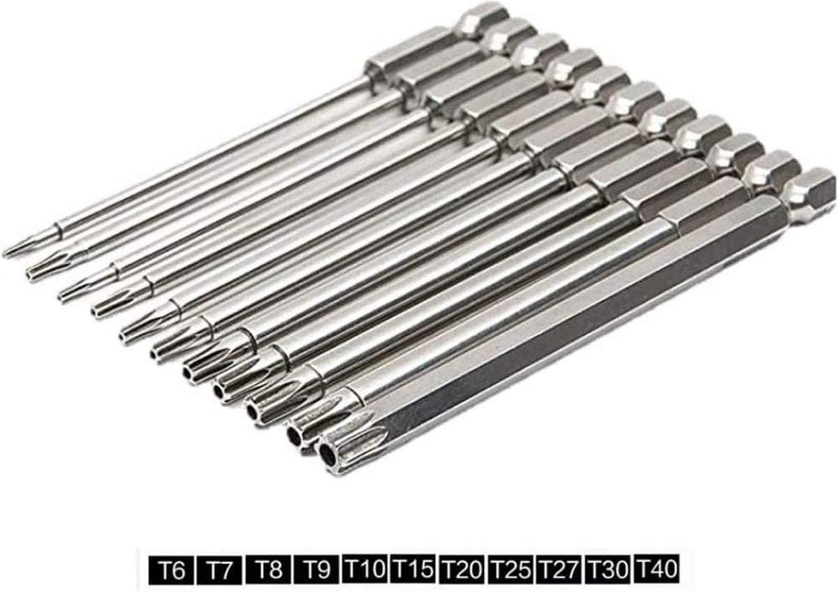11 pieces - Screwdriver bits - Screwdriver bit set - Long Torx screwdriver set - Hollow Torx bit set - S2 steel - with security head - hexagon shaft - 100mm - T6 T7 T8 T9 T10 T15 T20 T25 T27 T30 T40