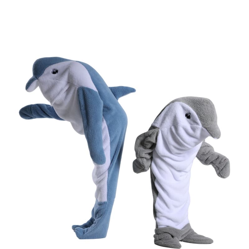 Shark Sleeping Bag Blanket Flannel Jumpsuit 140cm Blue-gray