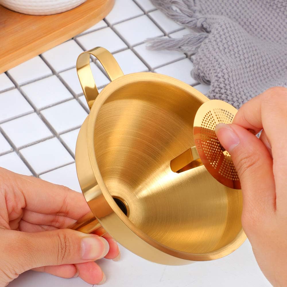 Stainless Steel Wide Mouth Funnels with Detachable Strainer, 5-inch Funnel for Filling Small Bottles and Jars, Cooking Oil and Transmission Liquid and Powder, Food Grade Metal Kitchen Funnels Gold