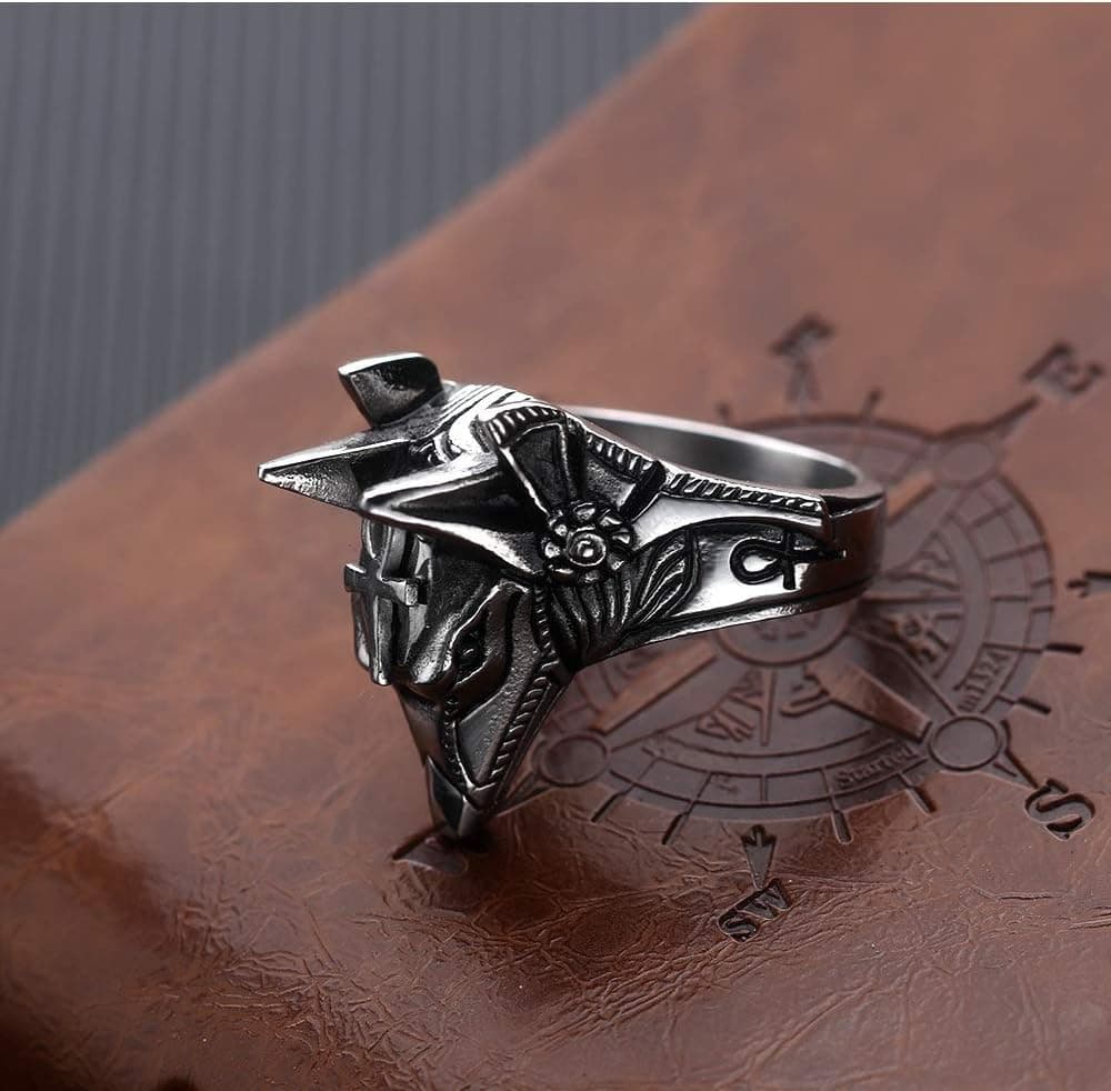 Men's Ring Vintage Gold Plated Egyptian God Anubis Design Stainless Steel Ankh Cross