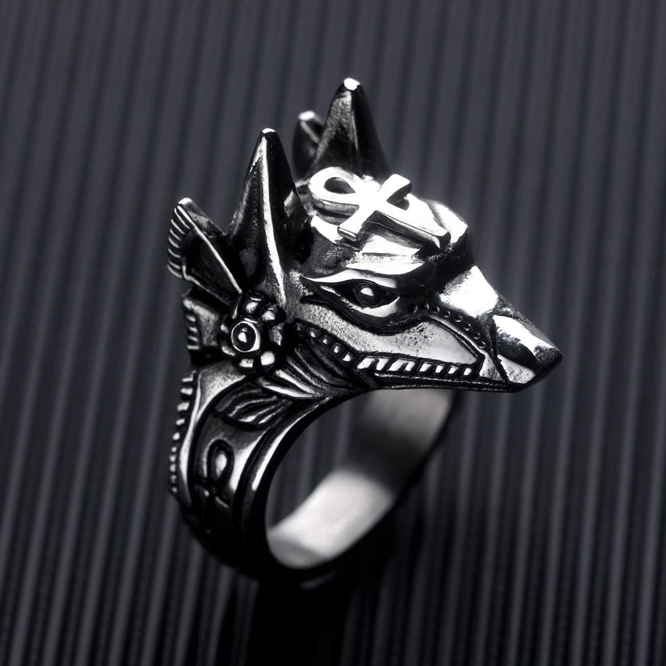 Men's Ring Vintage Gold Plated Egyptian God Anubis Design Stainless Steel Ankh Cross