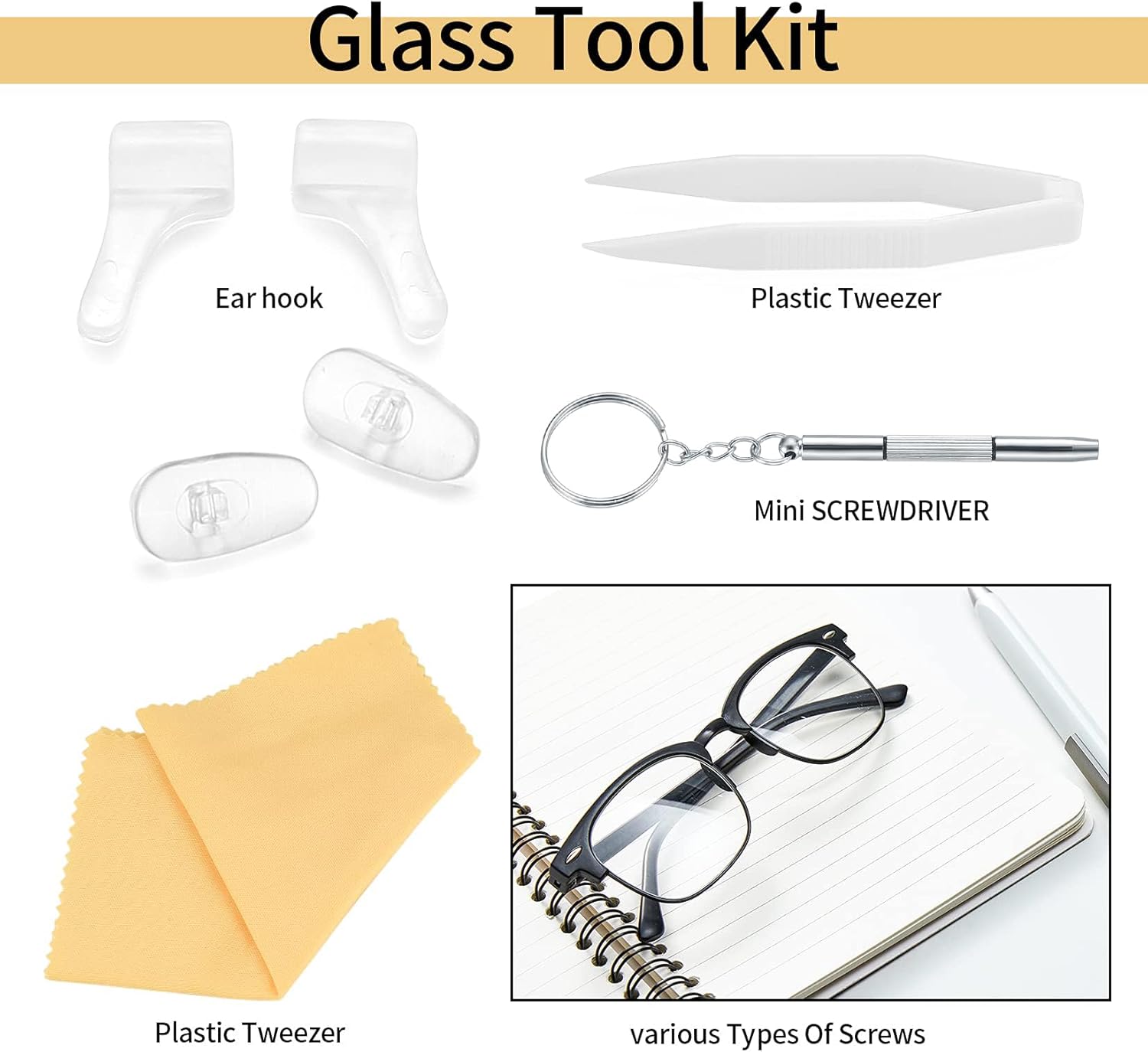 Eyeglasses Repair Kit, Sunglasses Repair Kit, Includes Glasses Screws and Screwdrivers, Glasses Nose Pads,Glasses Cloth, Tweezer, for Glasses, Sunglasses, Watch, Repair Kit - 500 Pcs
