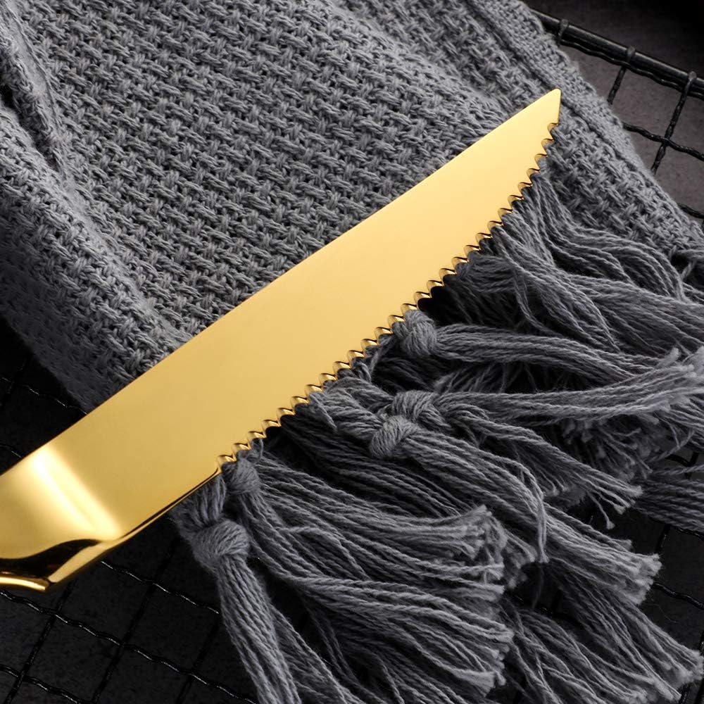 Stainless Steel Serrated Steak Knife Set of 6, BuyGo Gold Color Heavy Duty Dinner Table Knives for Cutting Meat, Beef, 8.6 Inch, Dishwasher Safe