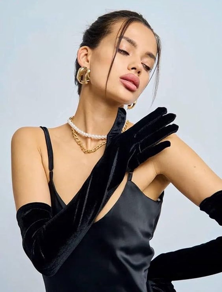 Gloves - Velvet Gloves - Birthday Gloves - Long - Suitable for Stage Performances, Formal Wear, Galas, Christmas - Black