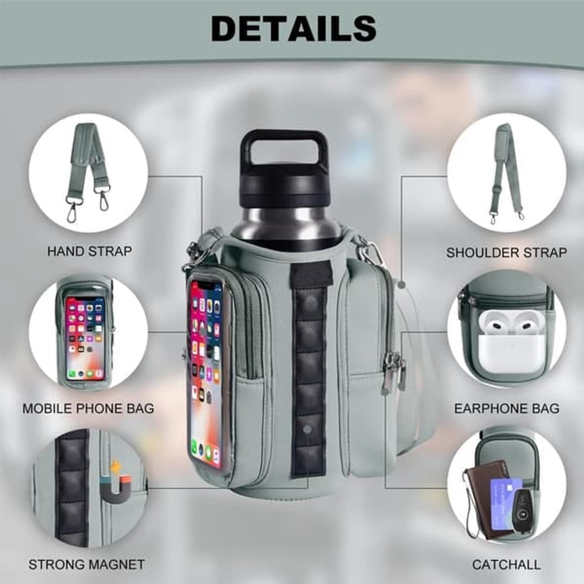 Magnetic Sports Bag with Adjustable Shoulder Strap - Includes Water Bottle Holder and Pocket - for Sports, Workouts, Travel & Work（Pink）