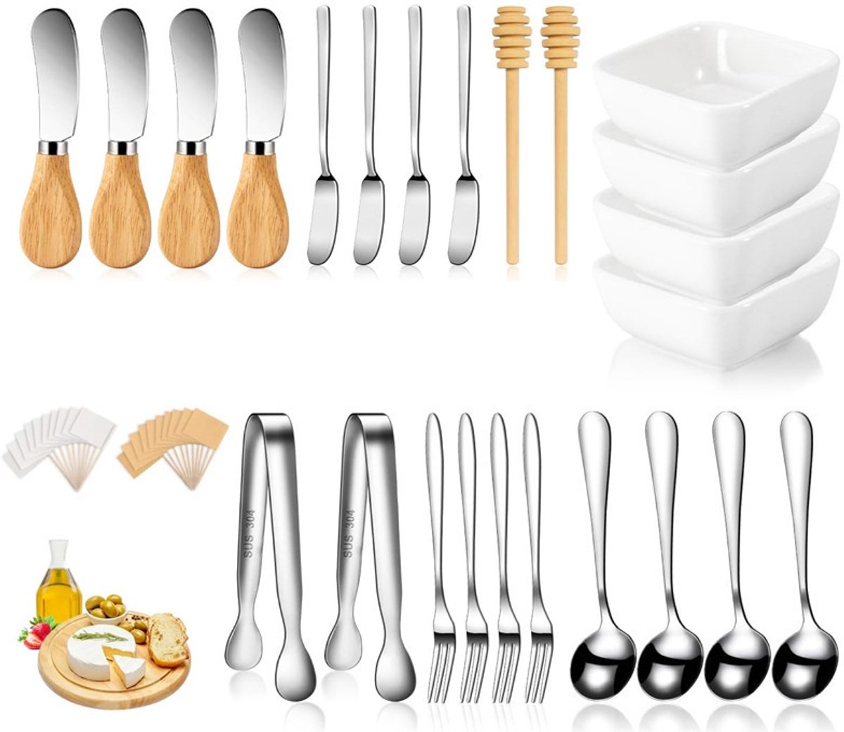 cutlery set - 44-piece set - cheese knife | pastry forks | oval coffee spoons | kitchen tongs & serving tongs | stirring spoon | ceramic bowl | blank food labels