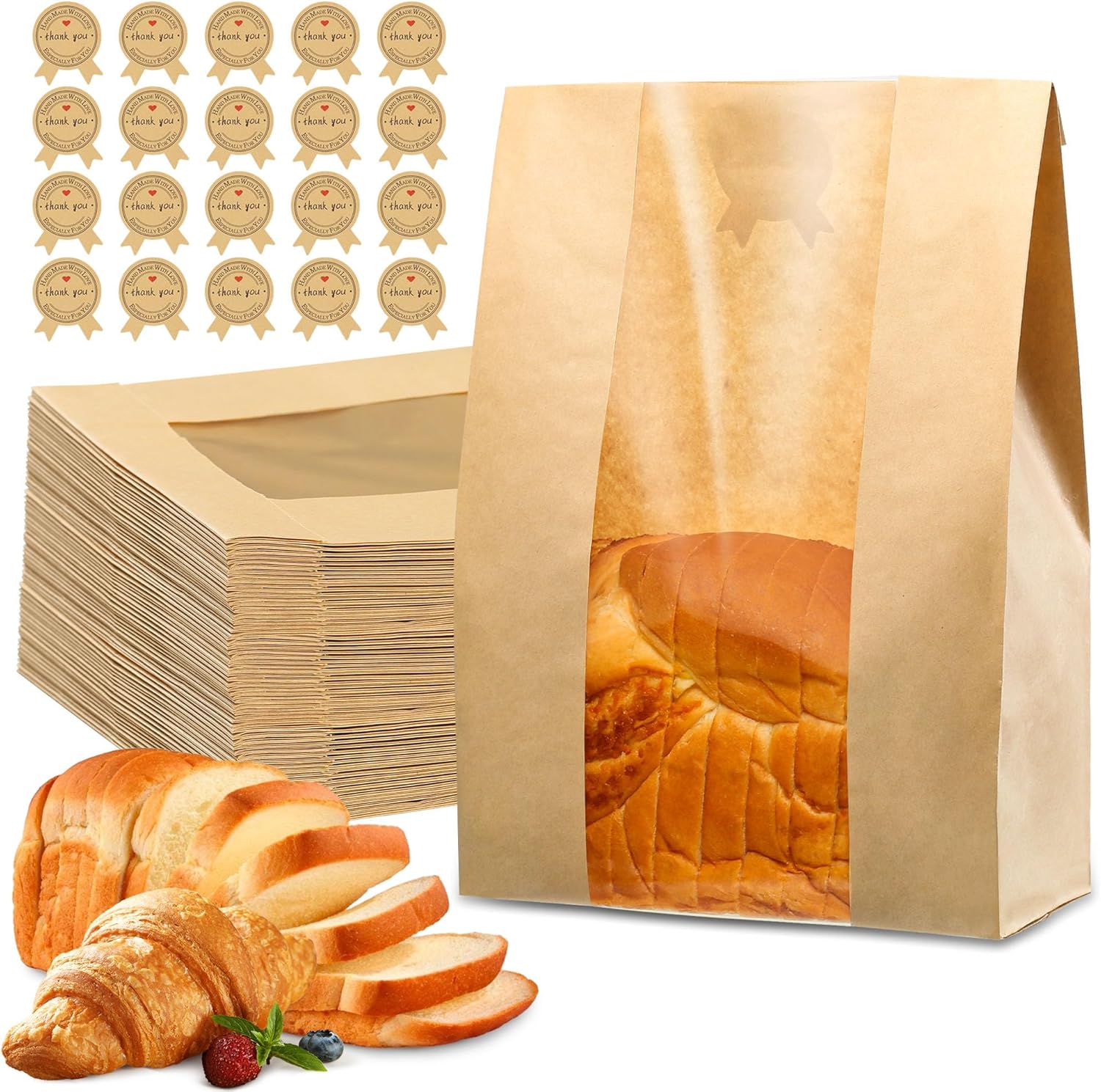 50 Pcs Bread Bag - Kraft paper with transparent window - 30*12*9 cm | Medium baking bag - Suitable for storing bread, cookies, and snacks - Includes resealable tape