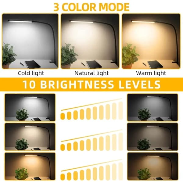 Clamp Desk Lamp Dimmable Gooseneck Touch Control Adjustable Black