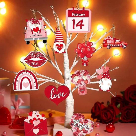 24-Piece Wooden Valentine's Ornament - Heart-Shaped Pendant with Cord - Valentine's Tree and Home Decor - Romantic Holiday Gift