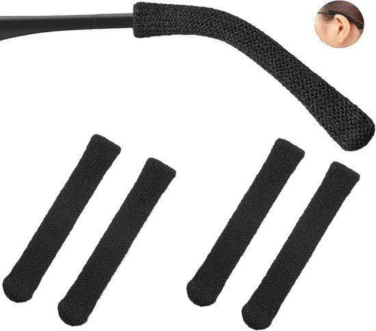 Ear cushions for glasses - Ear hooks for glasses - Soft knitted cotton - Temple protectors - Temple cushions - Anti-slip (2 pairs black)