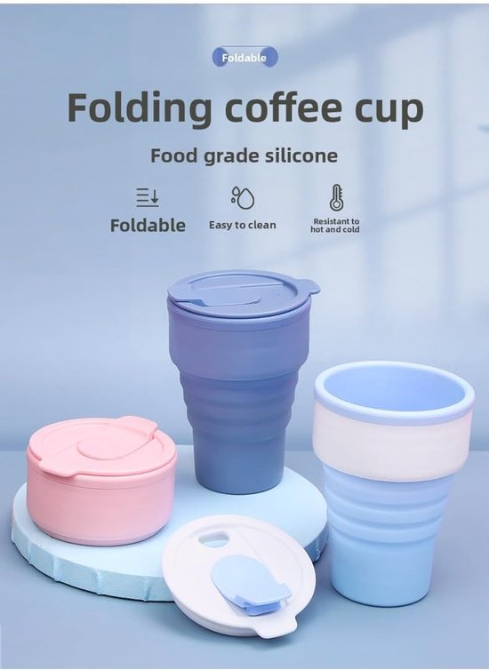 Collapsible Silicone Camping Cup – 385ml – Travel and Drinking Cup with Lid, Dishwasher Safe – Ideal for Camping, Hiking and Office (White)