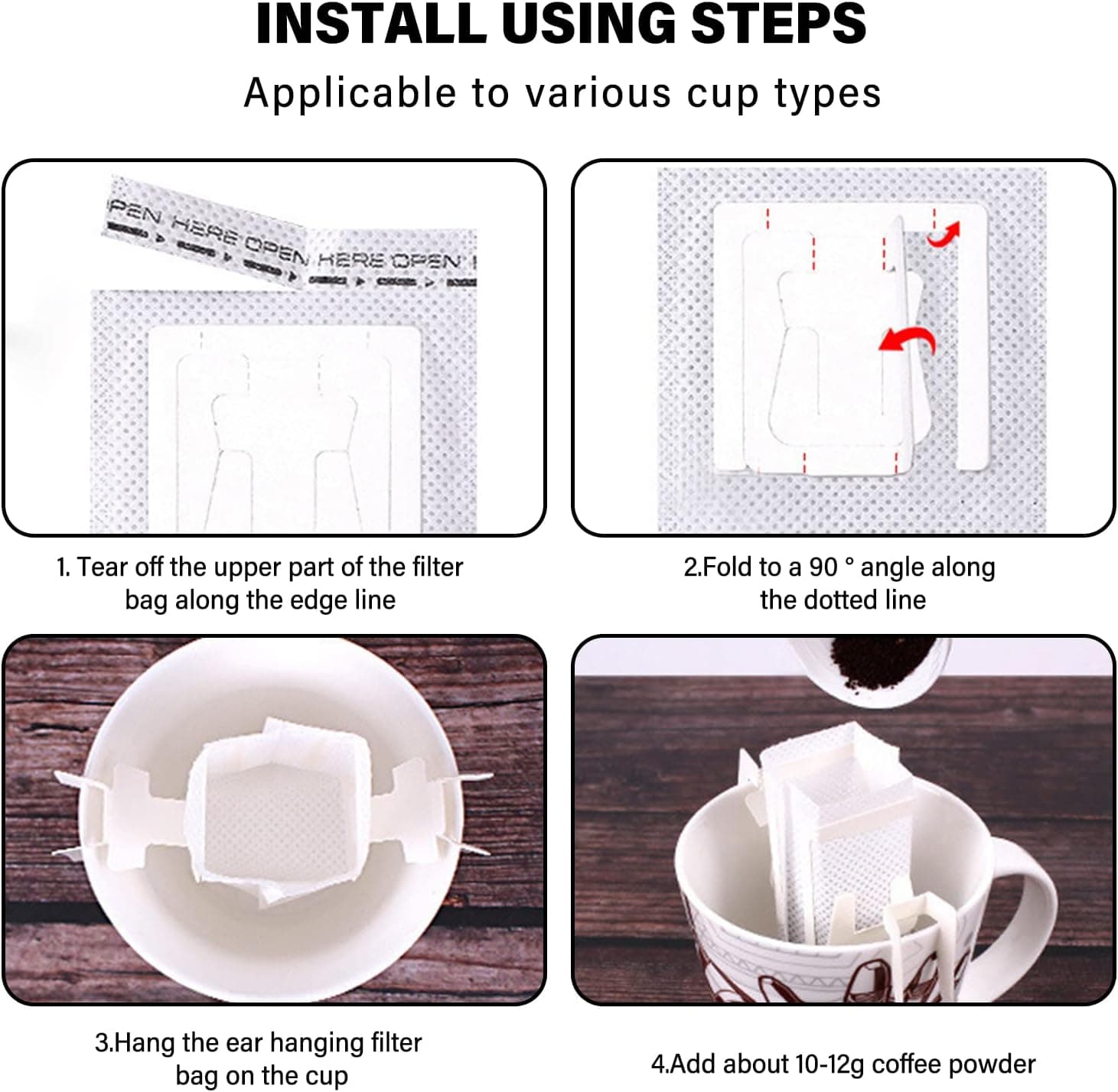 Coffee Filter Bags - with Hanging Loop - Portable Paper Coffee Filters for Most Cups - Travel, Camping, Home, Office - Pack of 100