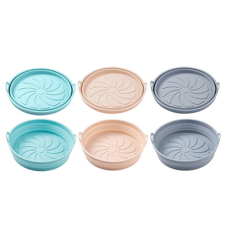 3 Pack Round Silicone Air Fryer Baking Moulds, Reusable Microwave and Oven Safe Liners for Cooking, Baking and Food Storage, Pink, Grey and Blue