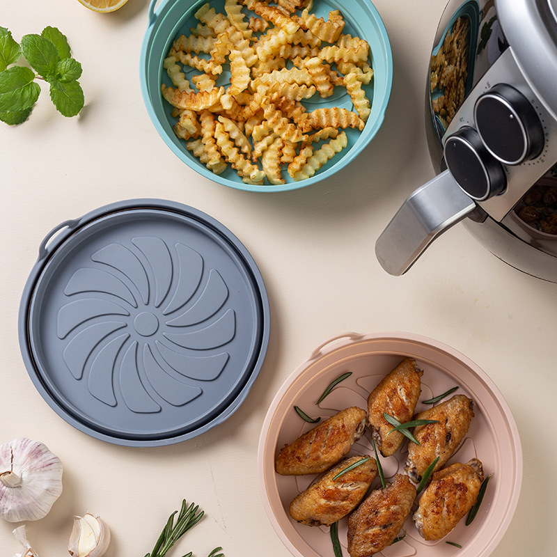 3 Pack Round Silicone Air Fryer Baking Moulds, Reusable Microwave and Oven Safe Liners for Cooking, Baking and Food Storage, Pink, Grey and Blue