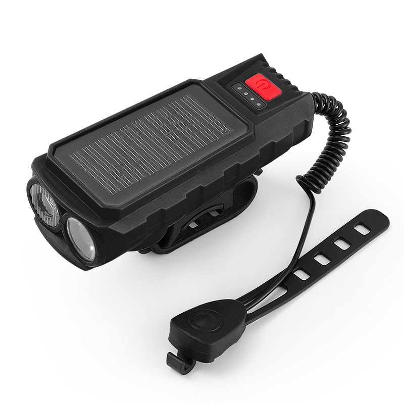 Solar and USB Rechargeable Bicycle Front Light with Dual LED Beams and Horn Function for Cycling, Commuting and Night Riding, Black