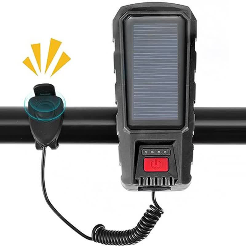 Solar and USB Rechargeable Bicycle Front Light with Dual LED Beams and Horn Function for Cycling, Commuting and Night Riding, Black
