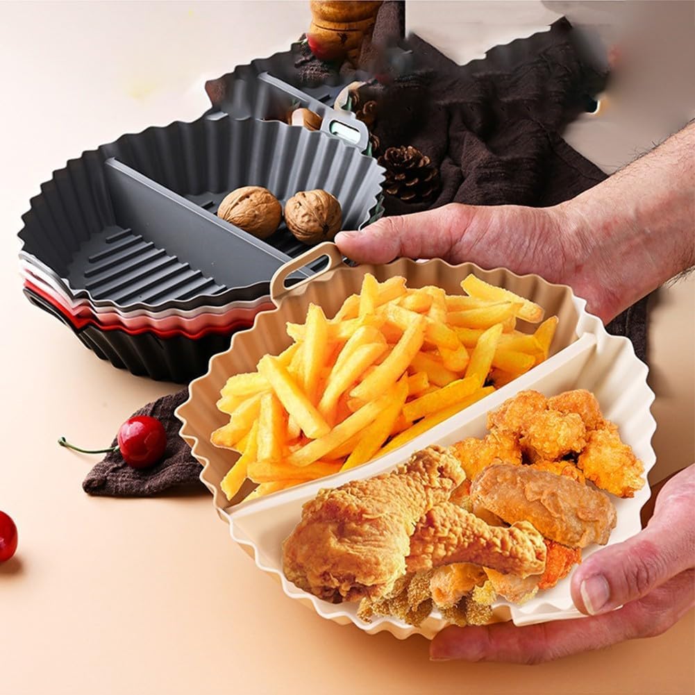 2 Pack Divided Silicone Air Fryer Liners, Non-Stick Reusable Baking Baskets for Oven and Air Fryer, Off White, 20 x 20 x 4.5 cm
