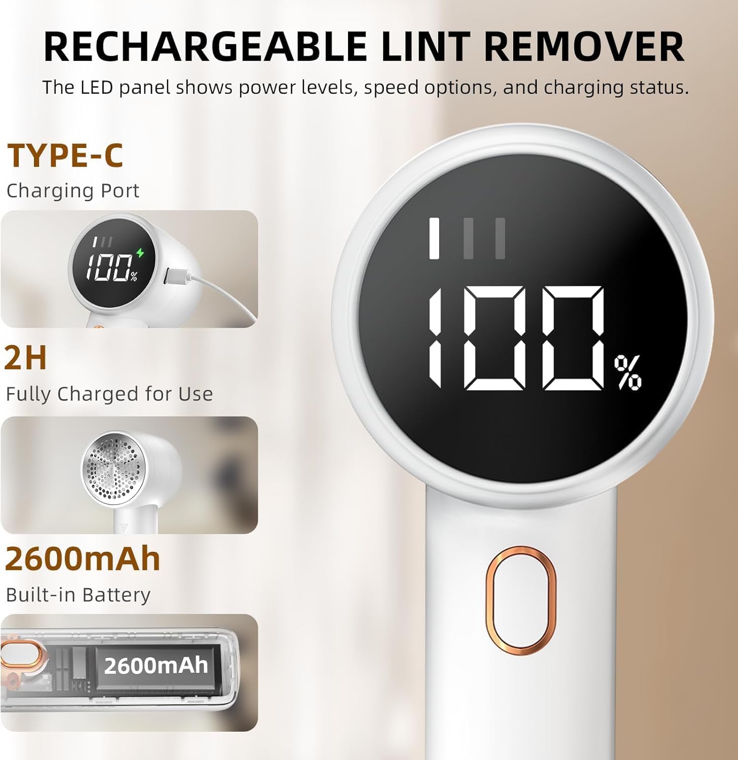 Rechargeable Electric Lint Remover with LED Display and 3 Speeds, Fabric Shaver for Jumpers, Blankets and Upholstery, White