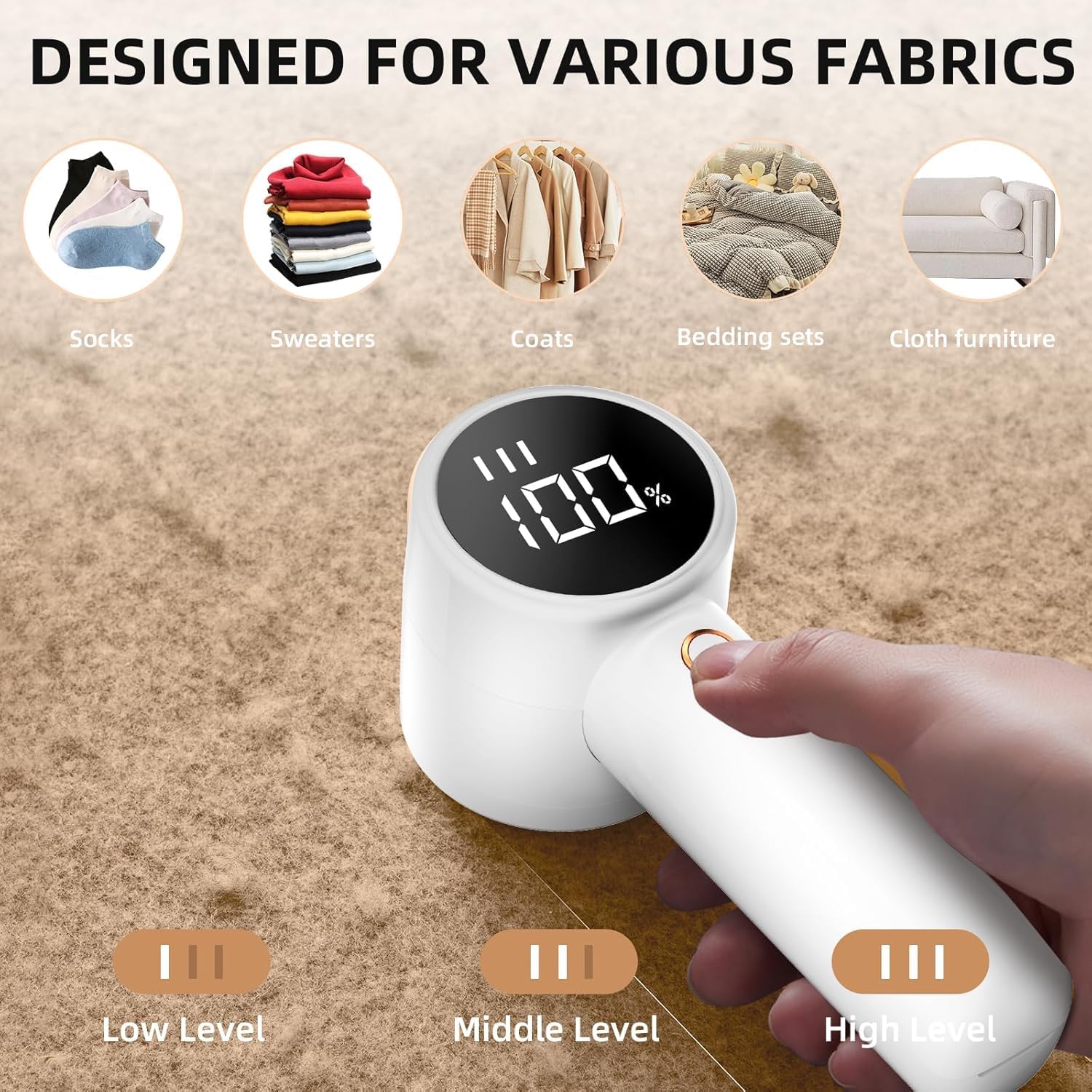 Rechargeable Electric Lint Remover with LED Display and 3 Speeds, Fabric Shaver for Jumpers, Blankets and Upholstery, White