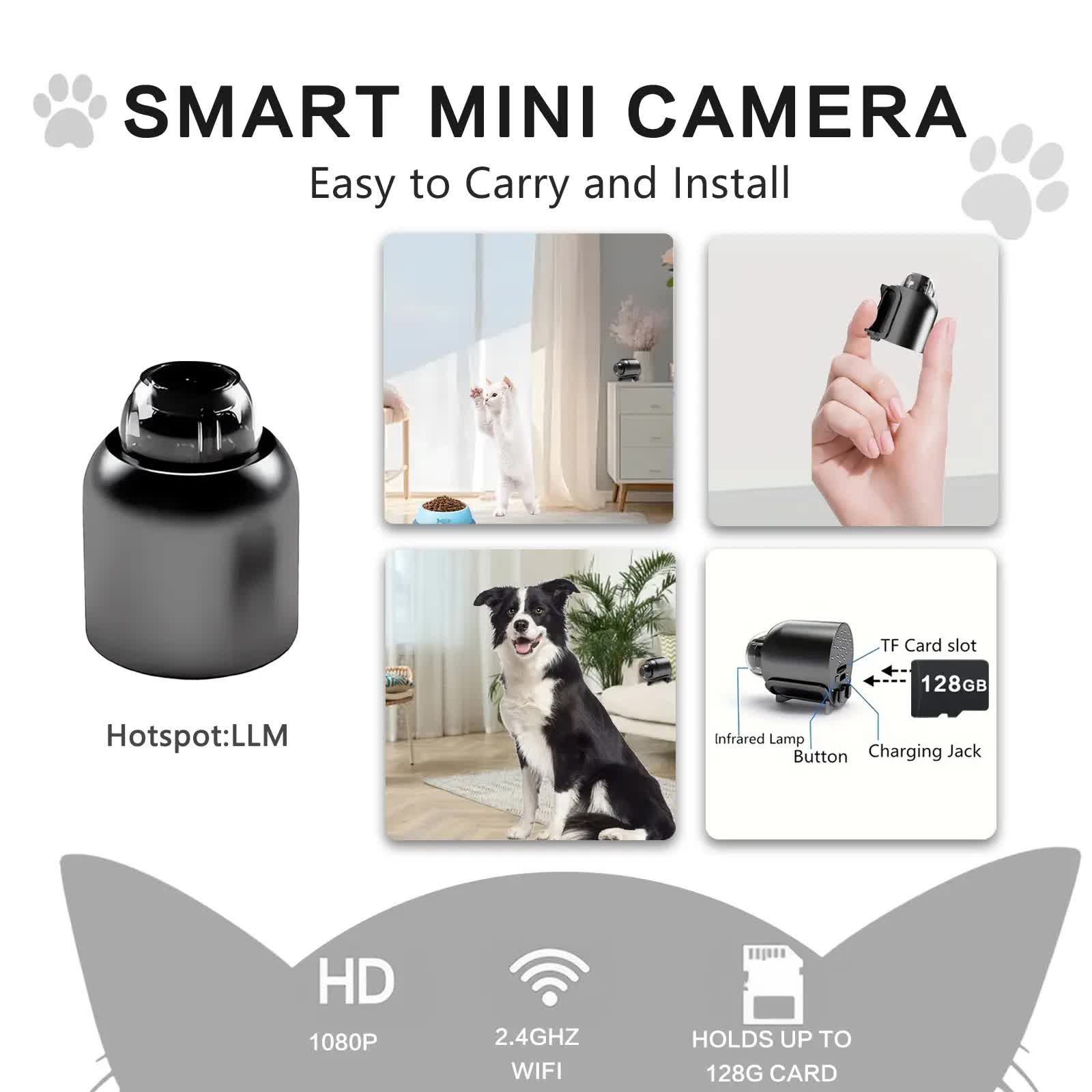 3pcs Mini Wireless Surveillance Camera with 2.4G WiFi, HD 1080P, Supports 64GB Cards, Night Vision, Audio, USB Power, Remote View, Wide-angle, Easy To Carry, for Home, Pet, Bedroom, Black Fridays.（Optional monitoring card set）