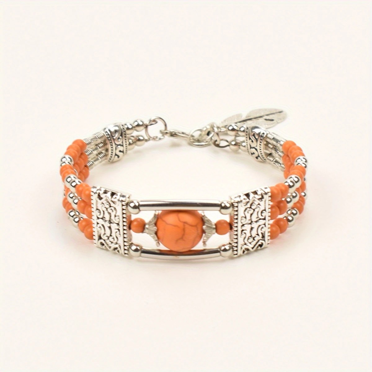 2pcs Ethnic-style Vintage Open Bracelet, Turquoise Beads with Silver Carved Accents, Bohemian Exotic Charm, a Personalized Accessory for Daily and Travel Wear.orange