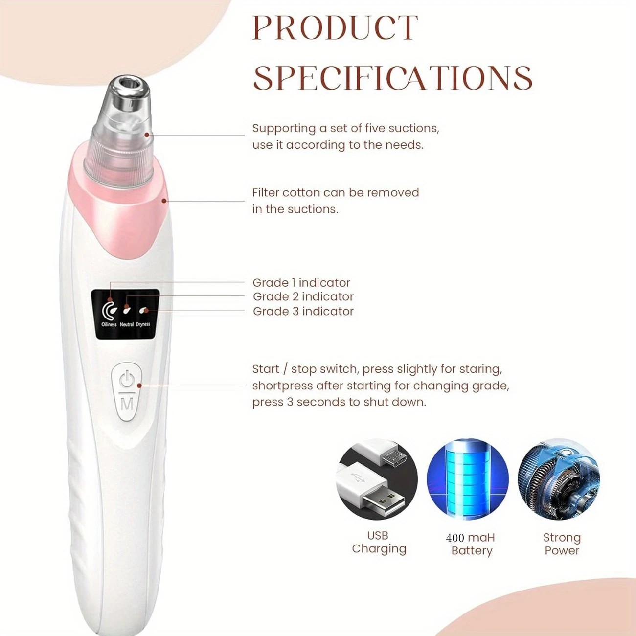 Blackhead Cleansing Device: 5 Nozzles for Full Face, 3 Suction Levels for Targeted Cleansing
