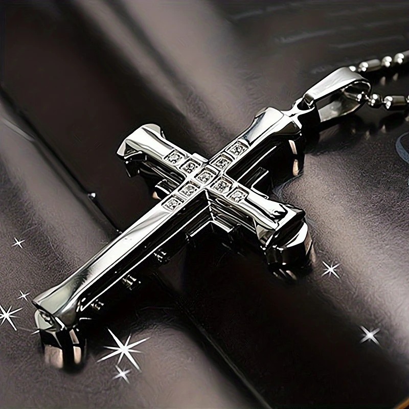 2PCS Luxurious Rhinestone Cross Necklace, Unisex, Guarding Faith with Cool Shine for Holidays and Daily Wear.BLUE