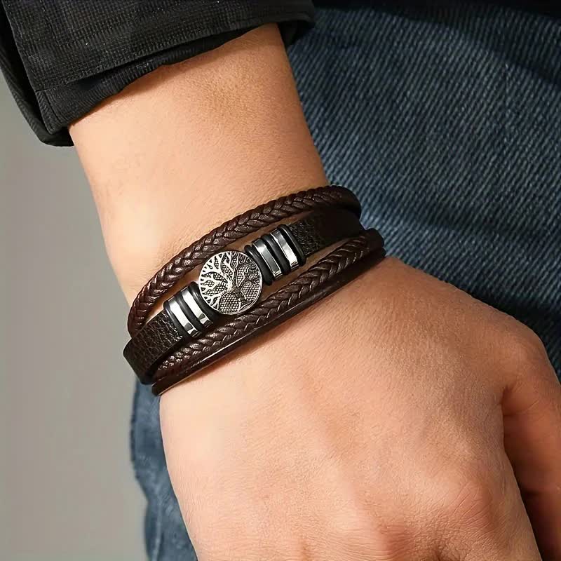 2PCS Handwoven Tree of Life Magnetic Clasp Bracelet, featuring a blue synthetic leather double-layer design. Blending vintage charm with contemporary style, it symbolizes flourishing life and is perfect for both personal wear and thoughtful gifting.