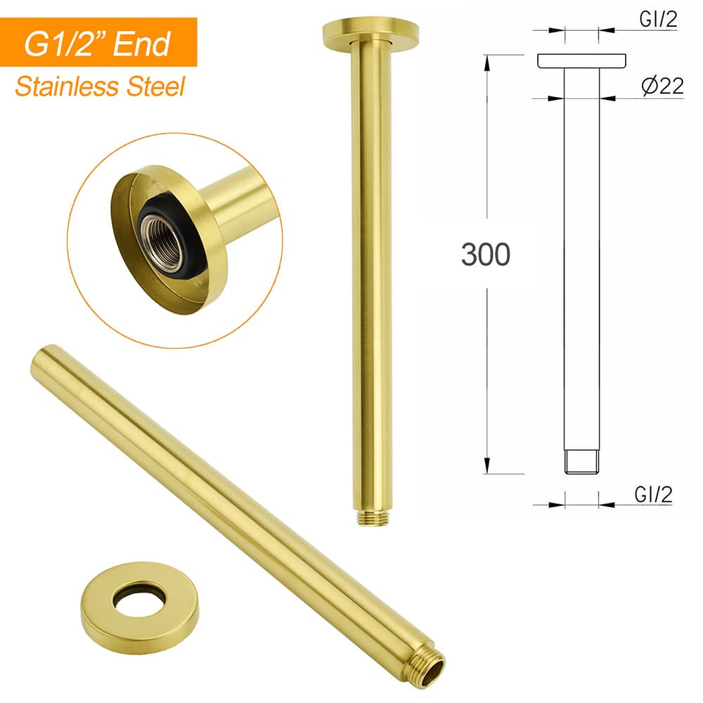 Fixed Rain Shower Head Brushed Gold 8 Inch Stainless Steel Ceiling Dropper Arm