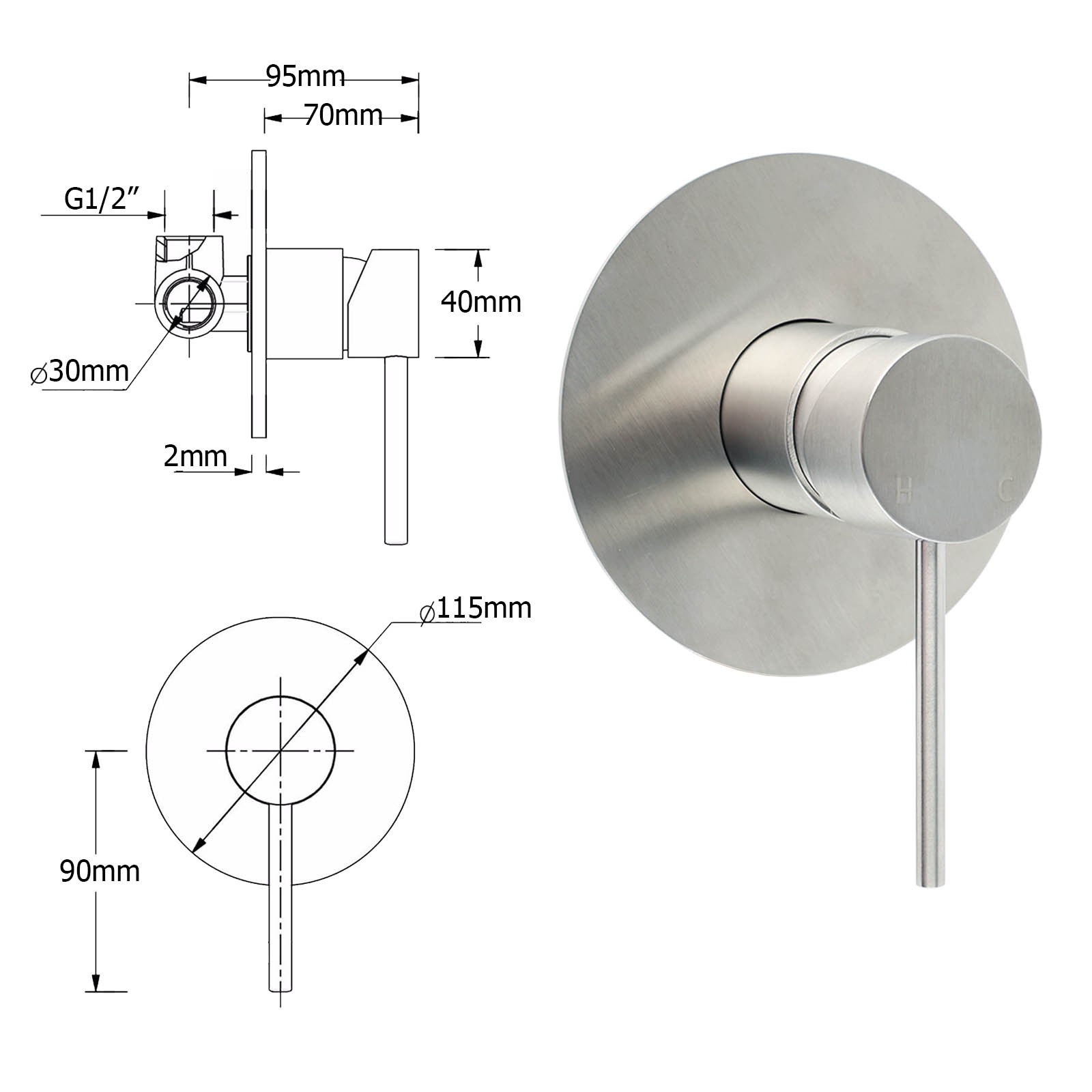 Brushed Nickel Bath Shower Mixer Hot Cold Tap Ceramic Cartridge Spindle Round