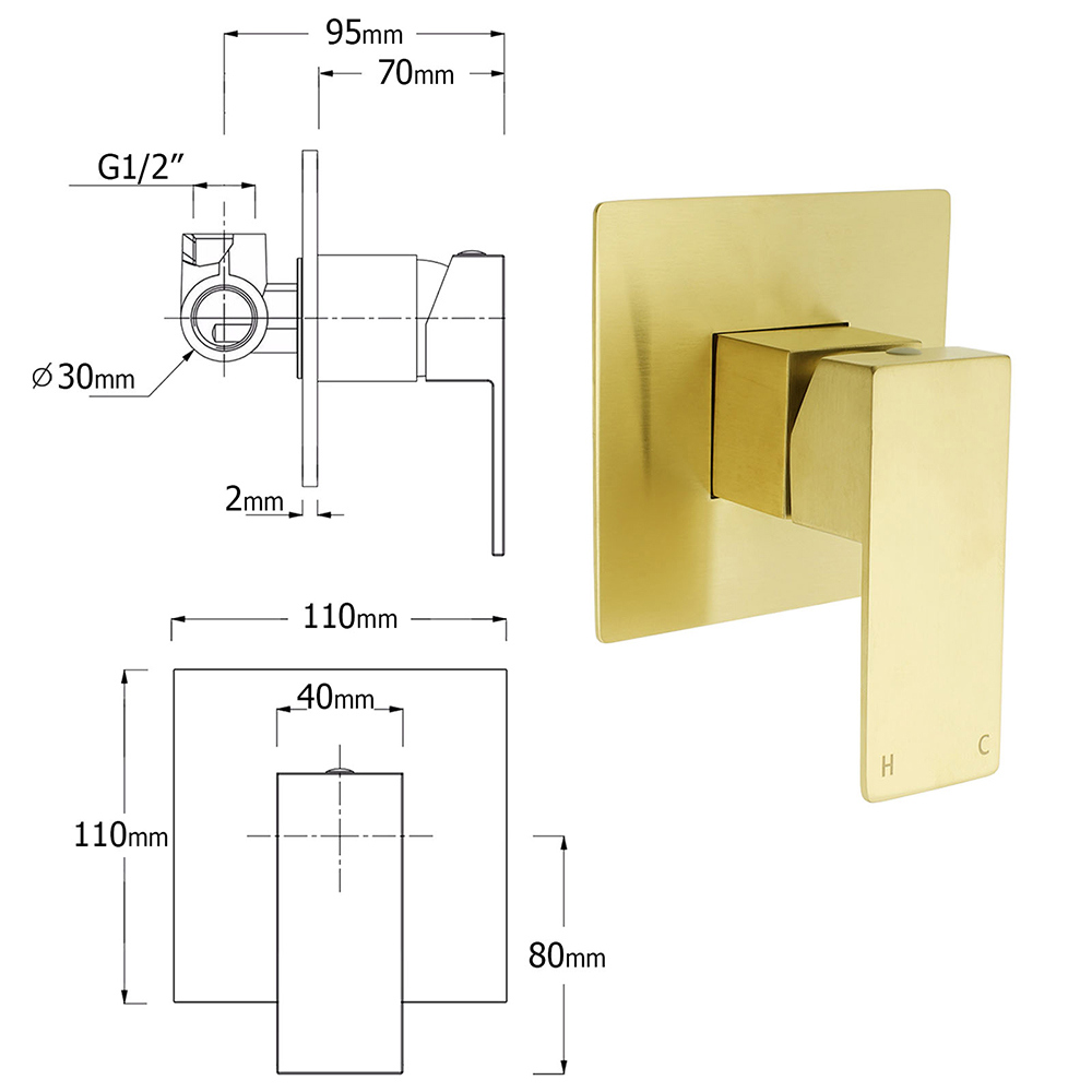 Brushed Gold Square Bath Shower Mixer Hot Cold Tap Ceramic Cartridge For Bath Set