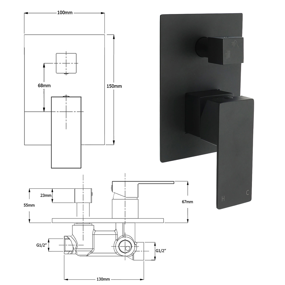 Matt Black Square Stainless Steel Shower Mixer 2 Way Bath Set Diverter Watermark