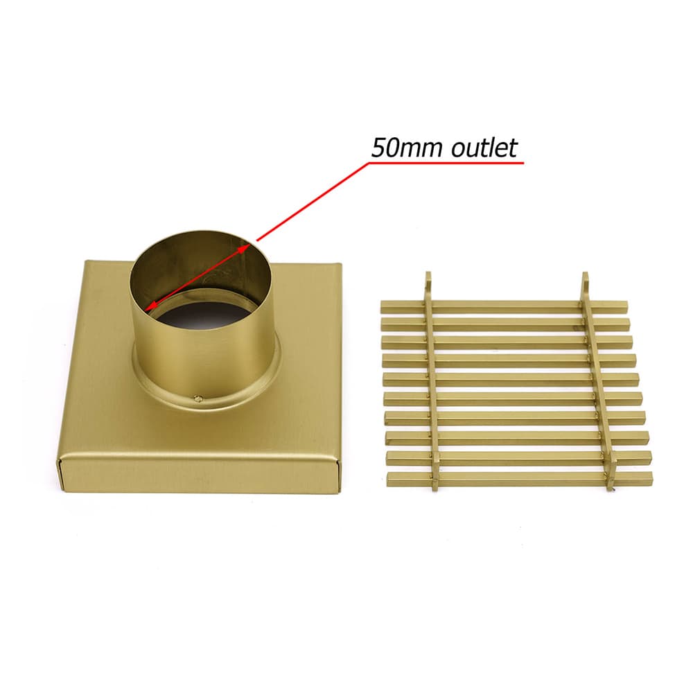 Shower Floor Drain Brushed Gold 100mm Square Strip Fence 50mm Waste