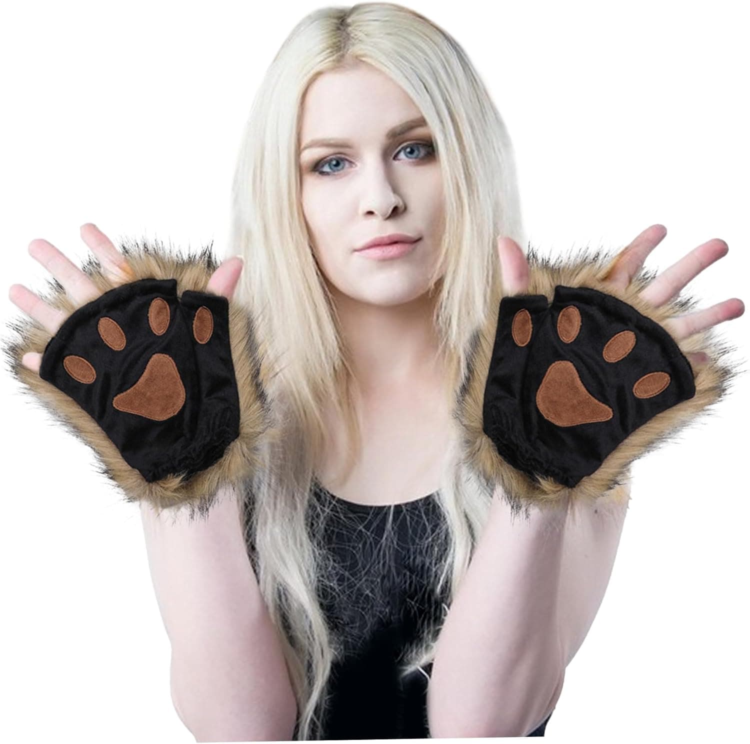 Therian Paws, Cat Paw 1 Pair Half Finger Therian Paws Cute Embroidered Fur Paws Decorative Realistic Paw Gloves for Kids Adults Cosplay Stage, Black Black Black
