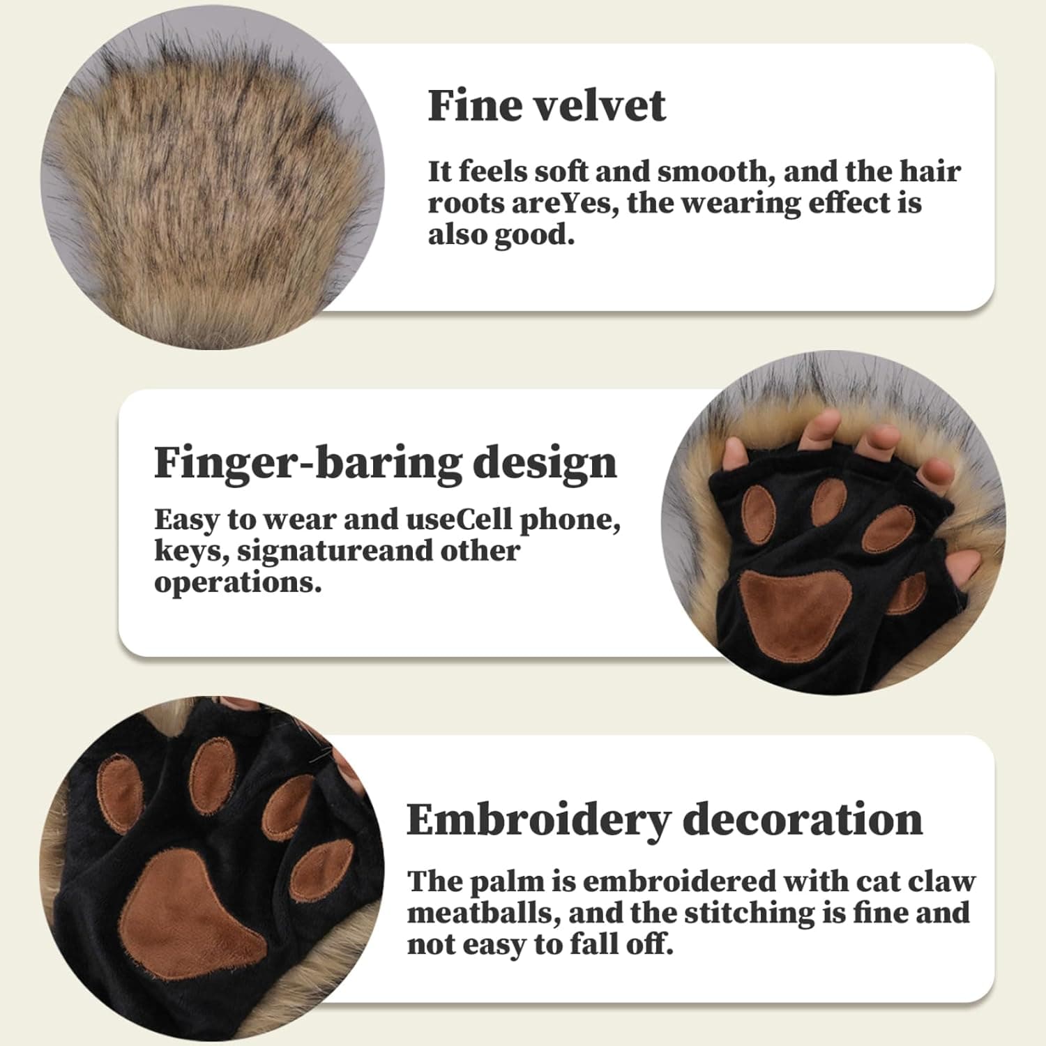 Therian Paws, Cat Paw 1 Pair Half Finger Therian Paws Cute Embroidered Fur Paws Decorative Realistic Paw Gloves for Kids Adults Cosplay Stage, Black Black Black