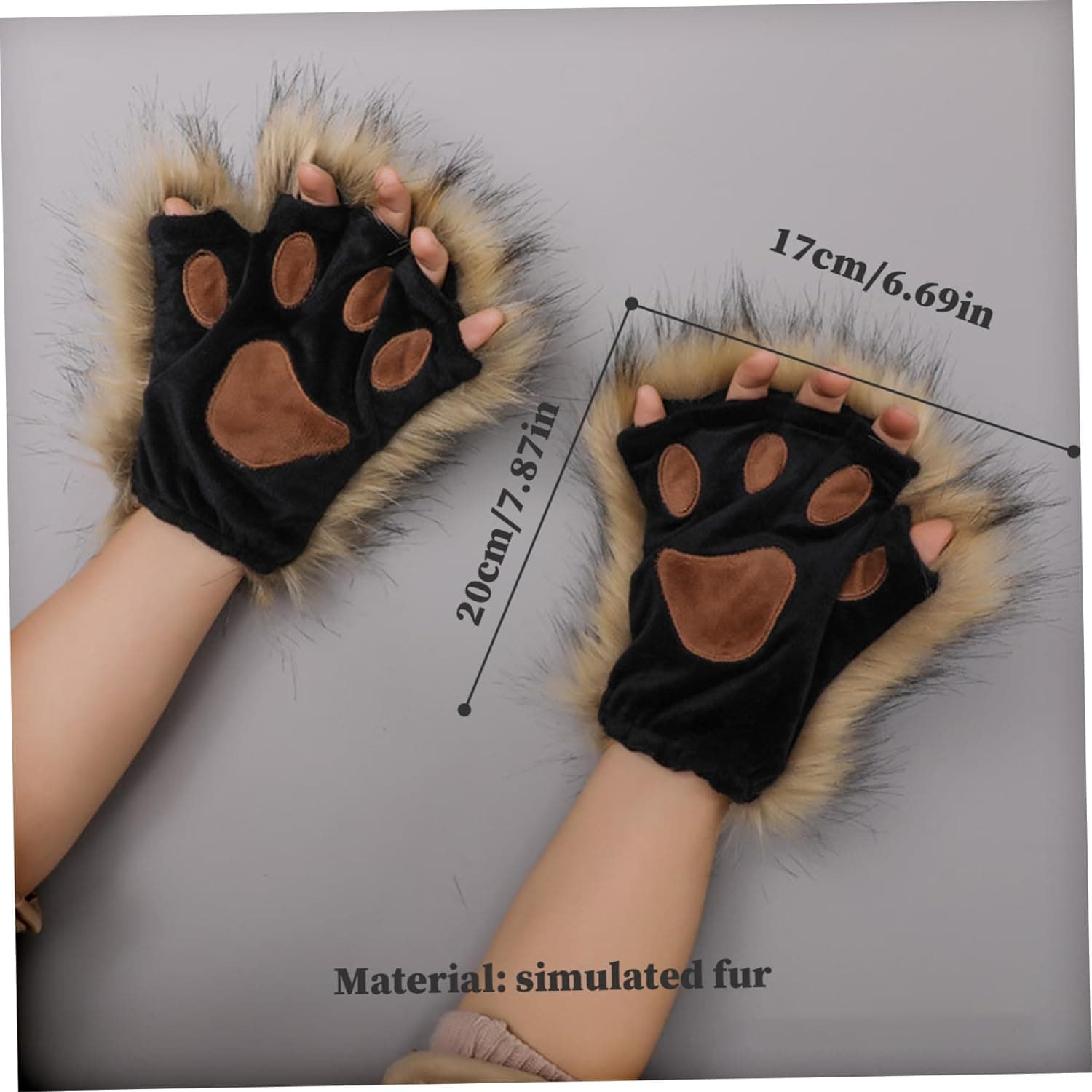Therian Paws, Cat Paw 1 Pair Half Finger Therian Paws Cute Embroidered Fur Paws Decorative Realistic Paw Gloves for Kids Adults Cosplay Stage, Black Black Black