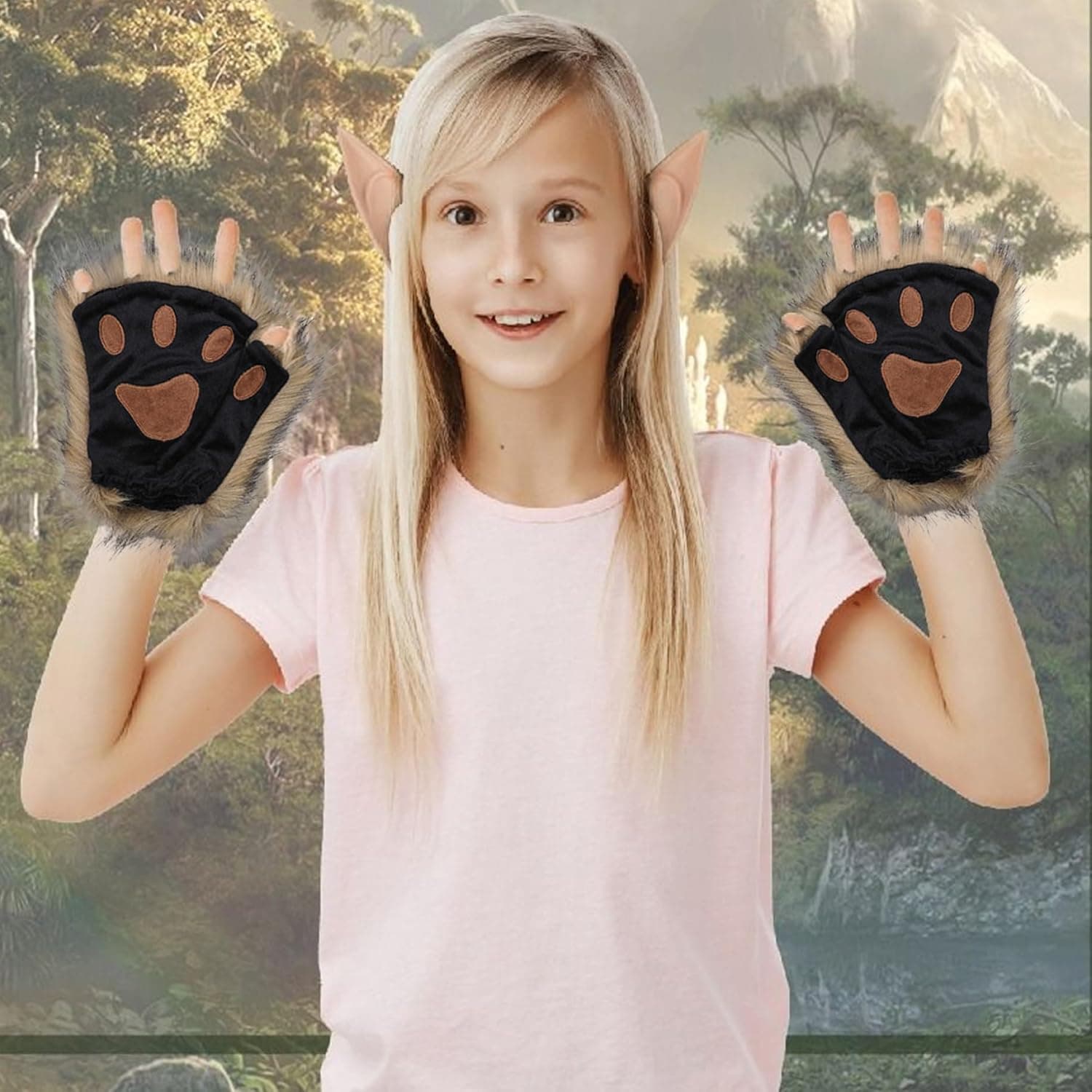 Therian Paws, Cat Paw 1 Pair Half Finger Therian Paws Cute Embroidered Fur Paws Decorative Realistic Paw Gloves for Kids Adults Cosplay Stage, Black Black Black