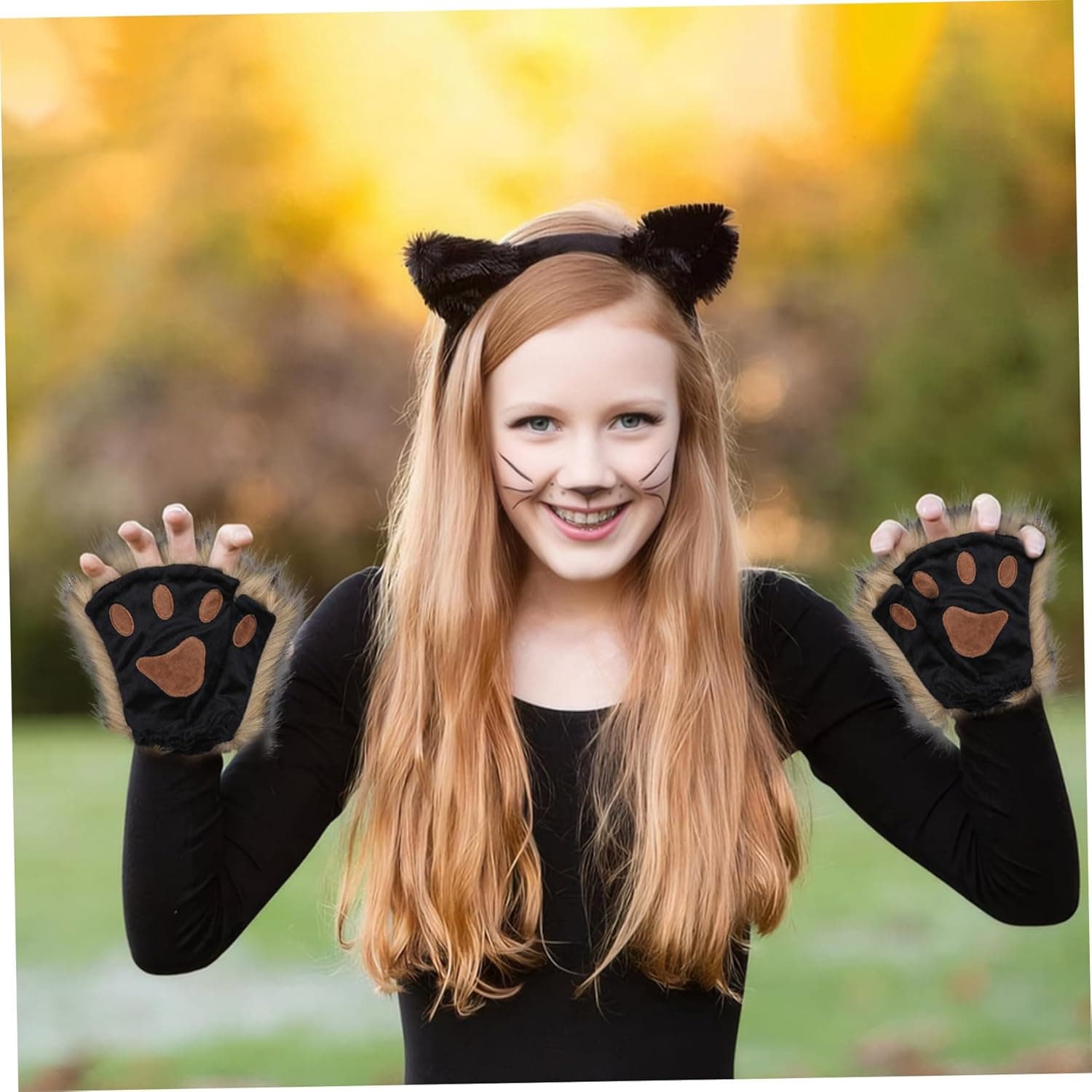 Therian Paws, Cat Paw 1 Pair Half Finger Therian Paws Cute Embroidered Fur Paws Decorative Realistic Paw Gloves for Kids Adults Cosplay Stage, Black Black Black