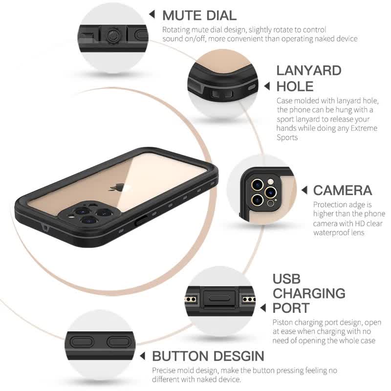 IP68 Waterproof Case for iPhone 15 14 13 12 11 Pro Max XS Max XR 7 8 RedPepper Transparent Protection Diving Underwater Swimming Outdoor Sports Black Black i-Phone 15