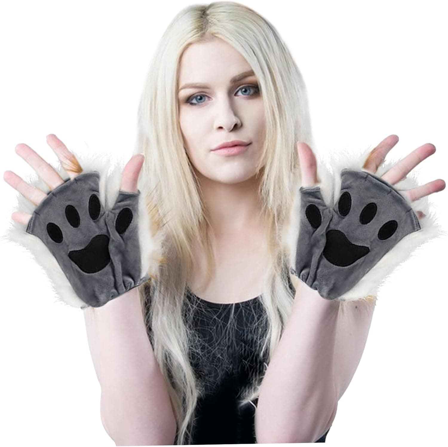 Therian Paws, Cat Paw 1 Pair Half Finger Therian Paws Cute Embroidered Fur Paws Decorative Realistic Paw Gloves for Kids Adults Cosplay Stage, Black Gray