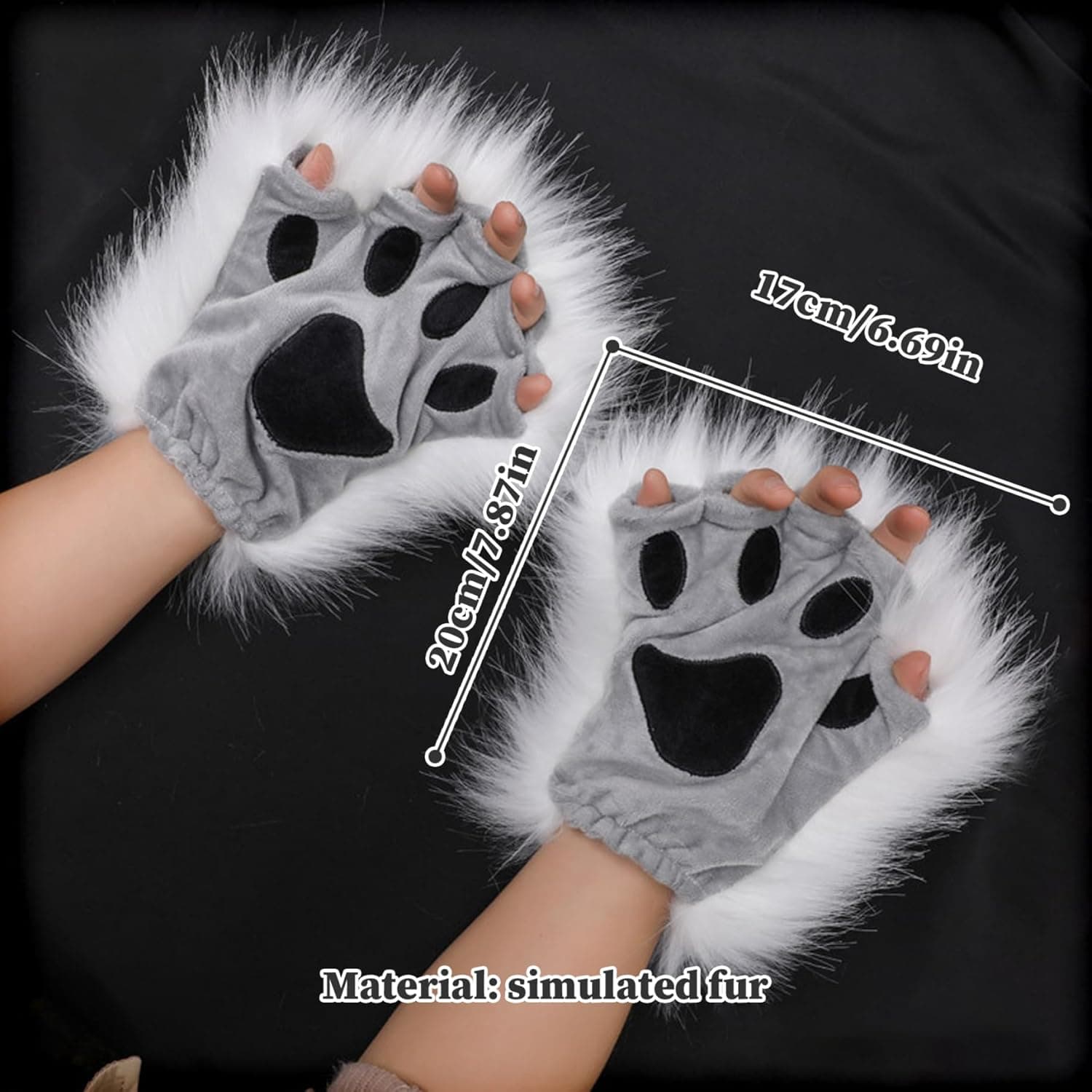 Therian Paws, Cat Paw 1 Pair Half Finger Therian Paws Cute Embroidered Fur Paws Decorative Realistic Paw Gloves for Kids Adults Cosplay Stage, Black Gray