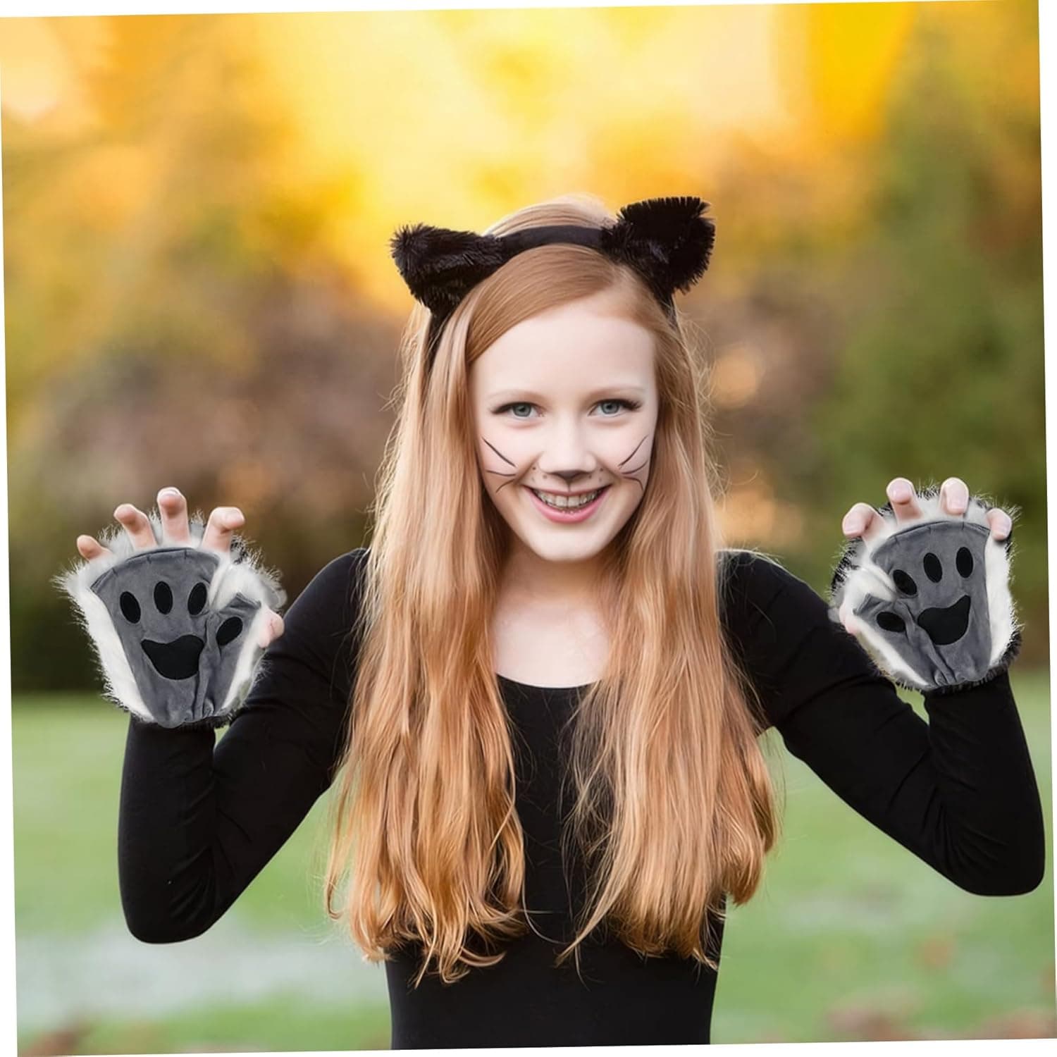 Therian Paws, Cat Paw 1 Pair Half Finger Therian Paws Cute Embroidered Fur Paws Decorative Realistic Paw Gloves for Kids Adults Cosplay Stage, Black Gray