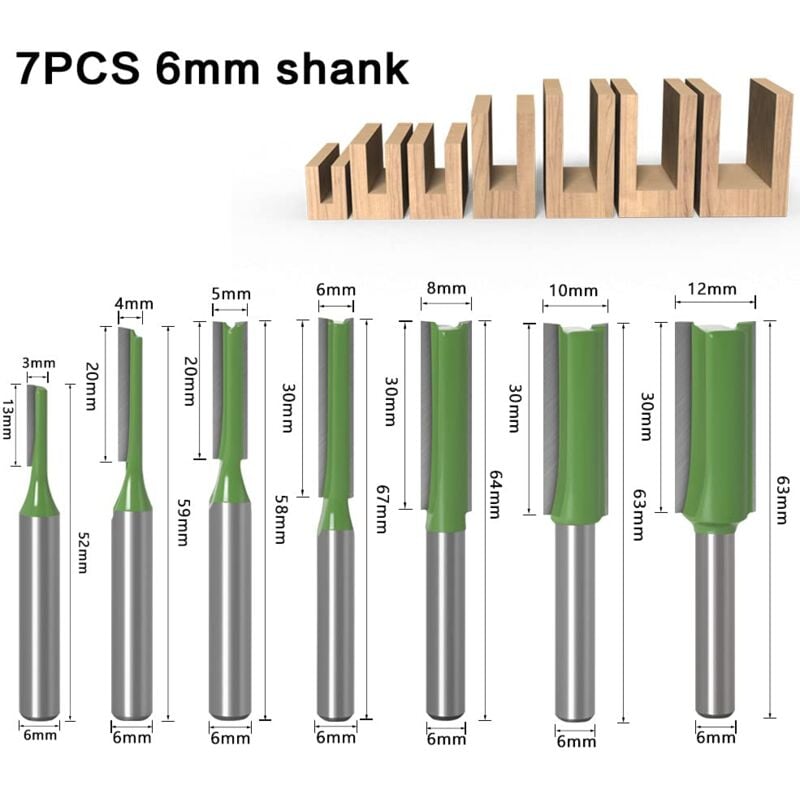6mm Straight Router Bit Set, 7 Pieces Woodworking Carbide Straight Groove Router Bits for Wood, Compatible with Bosch, Makita