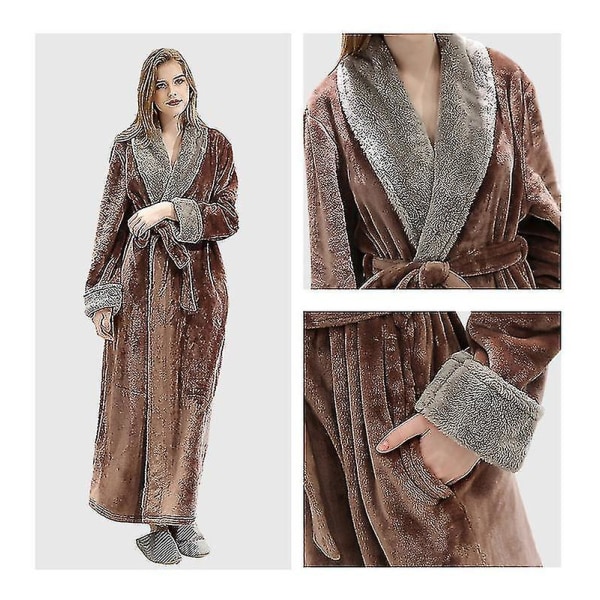 Women's Bathrobe Dressing Gown Bathrobe Warm Soft Fleece Long Coats Nightgown Coffee XL