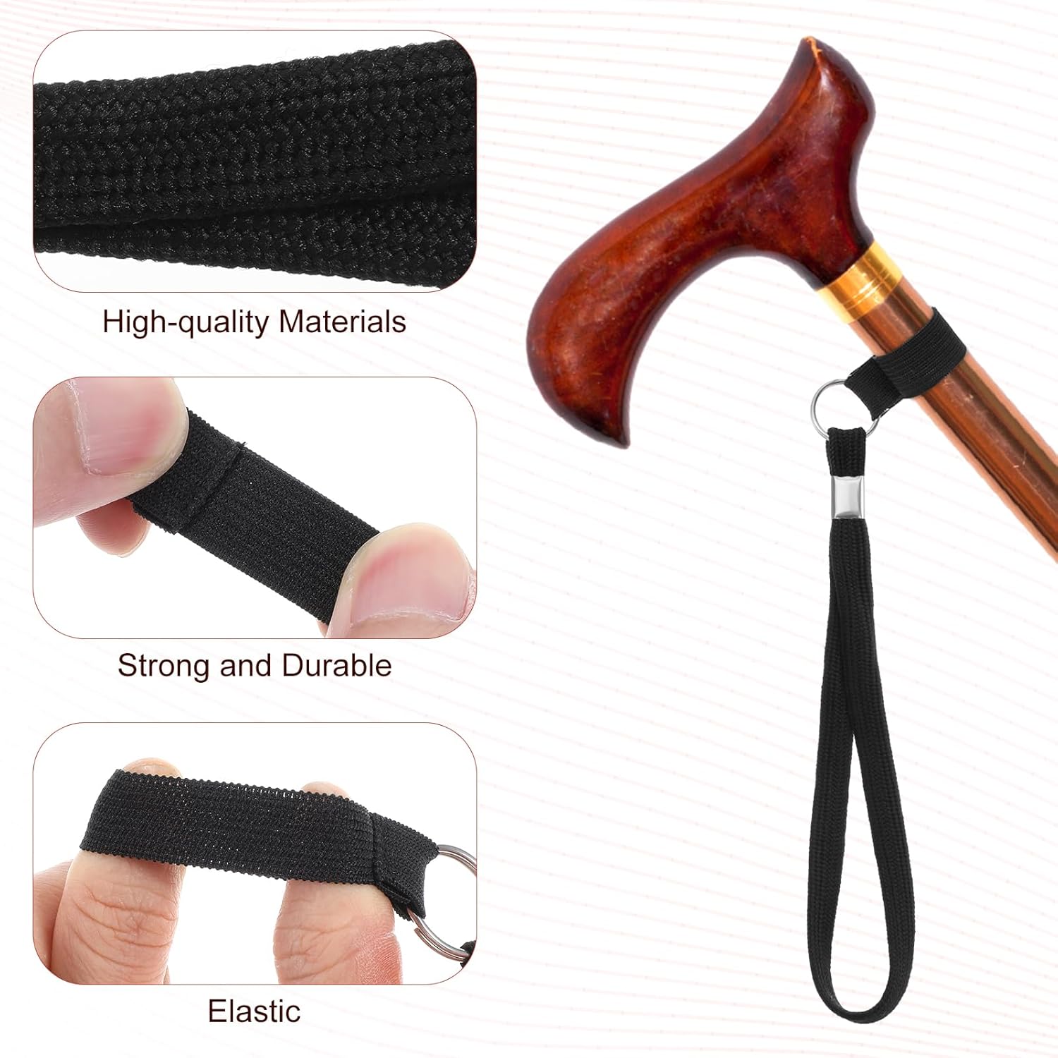 5PCS Walking Cane Wrist Strap Replacement, Black Adjustable Wrist Strap Lanyard Elastic Loop Universal Walking Cane Handle Crutch Straps Accessories for Foldable Sticks Standing Canes Seniors Crutches