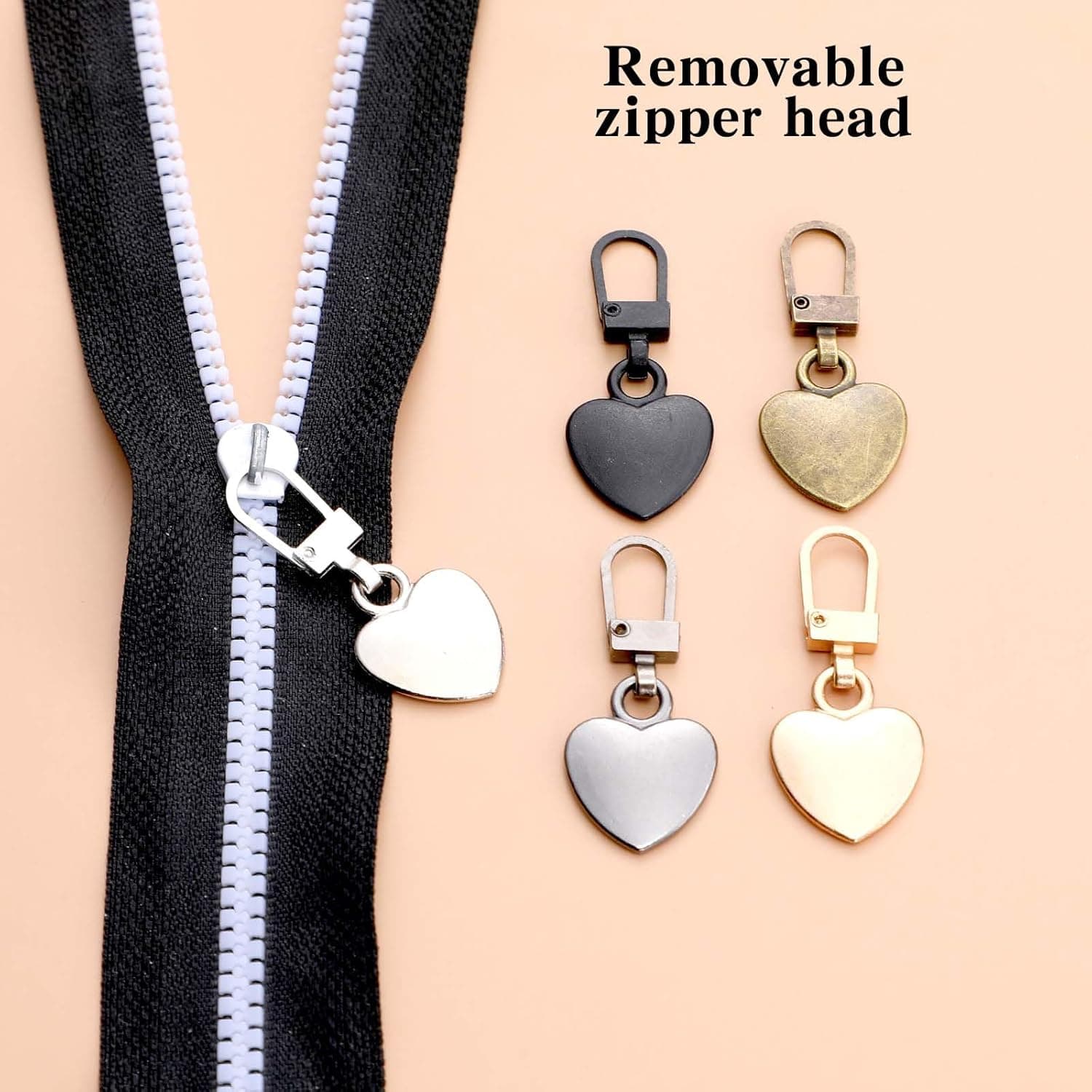 Xinjoduz 10 PCS Zipper Pull Charm, 1.6 Inch Heart Shaped Zipper Replacement Detachable Metal Zipper Pull Tabs Zipper Lock for Backpacks Coats Pants Suitcase Purse Luggage Fasteners(5 Color)